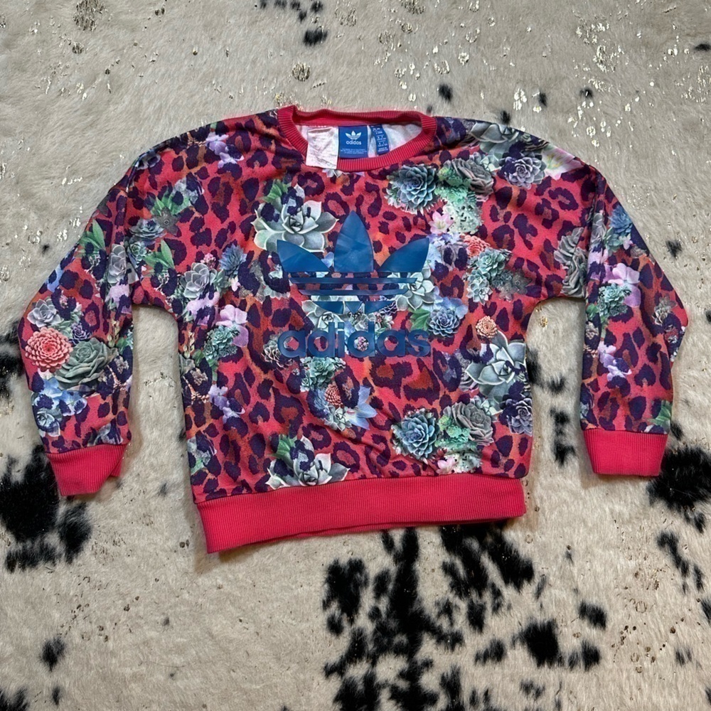 ADIDAS Youth Pink Leopard Print Crewneck Long Sleeve Sweatshirt Size 8-9 Years